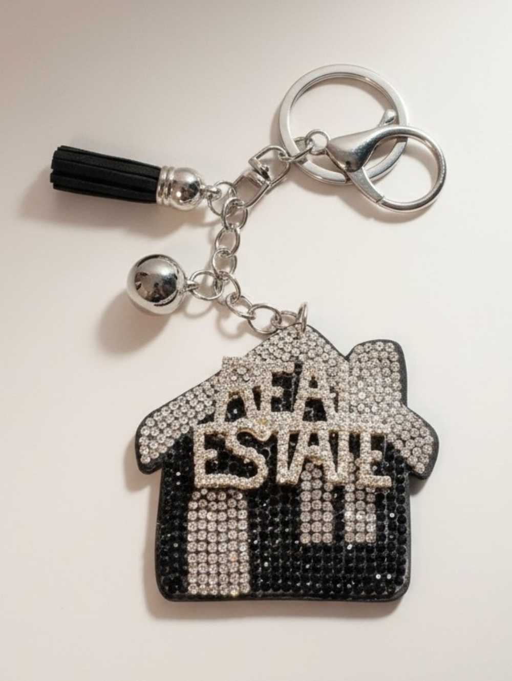 Rhinestone Real Estate House Bag Charm Keychain with Tassel - Black & Silver